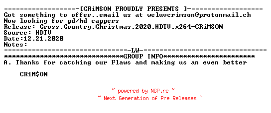 NFO for the release Cross.Country.Christmas.2020.HDTV.x264-CRiMSON by CRiMSON