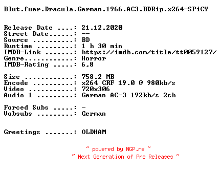 NFO for the release Blut.fuer.Dracula.German.1966.AC3.BDRip.x264-SPiCY by SPiCY