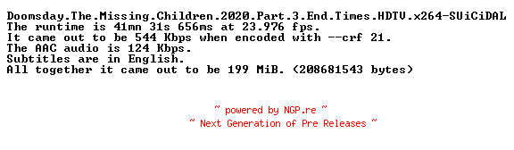 NFO for the release Doomsday.The.Missing.Children.2020.Part.3.End.Times.HDTV.x264-SUiCiDAL by SUiCiDAL