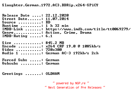 NFO for the release Slaughter.German.1972.AC3.BDRip.x264-SPiCY by SPiCY