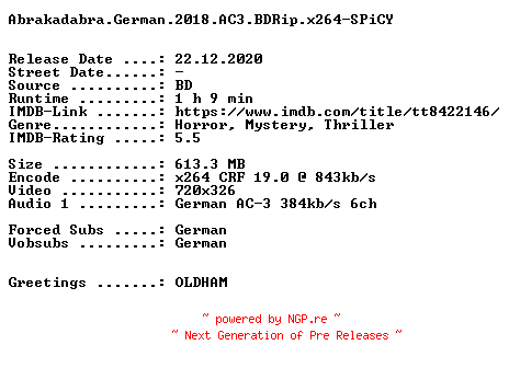 NFO for the release Abrakadabra.German.2018.AC3.BDRip.x264-SPiCY by SPiCY