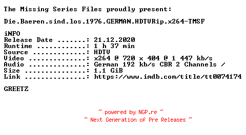 NFO for the release Die.Baeren.sind.los.1976.GERMAN.HDTVRip.x264-TMSF by TMSF