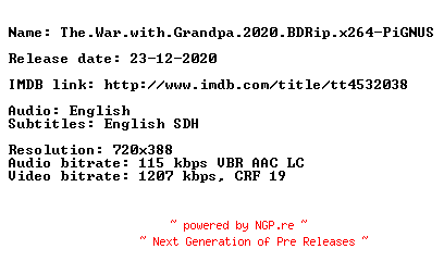 NFO for the release The.War.with.Grandpa.2020.BDRip.x264-PiGNUS by PiGNUS