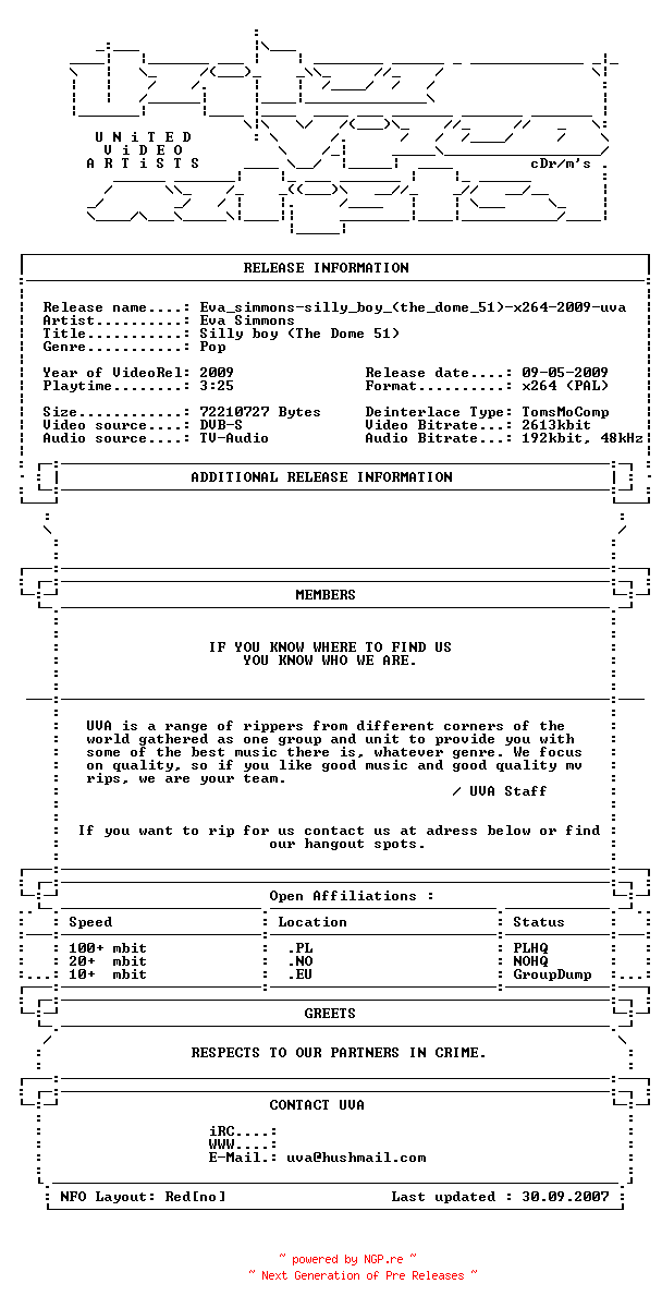 NFO for the release Eva_simmons-silly_boy_(the_dome_51)-x264-2009-uva by uva