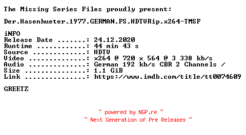 NFO for the release Der.Hasenhueter.1977.GERMAN.FS.HDTVRip.x264-TMSF by TMSF