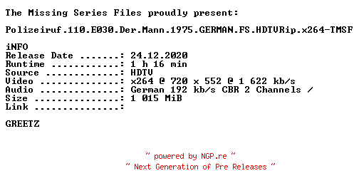 NFO for the release Polizeiruf.110.E030.Der.Mann.1975.GERMAN.FS.HDTVRip.x264-TMSF by TMSF