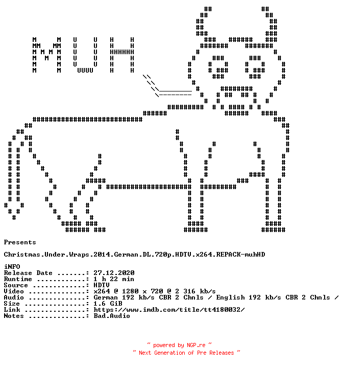 NFO for the release Christmas.Under.Wraps.2014.German.DL.720p.HDTV.x264.REPACK-muhHD by muhHD