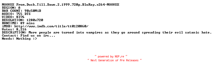 NFO for the release From.Dusk.Till.Dawn.2.1999.720p.BluRay.x264-MOOVEE by MOOVEE