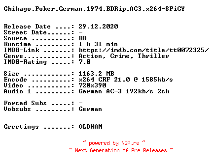 NFO for the release Chikago.Poker.German.1974.BDRip.AC3.x264-SPiCY by SPiCY