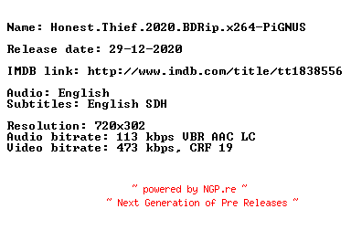 NFO for the release Honest.Thief.2020.BDRip.x264-PiGNUS by PiGNUS