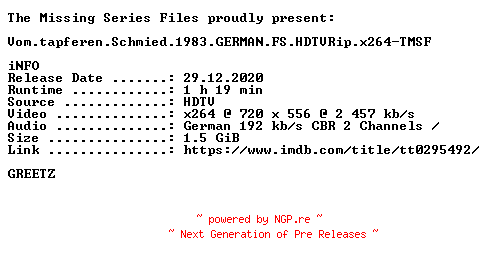 NFO for the release Vom.tapferen.Schmied.1983.GERMAN.FS.HDTVRip.x264-TMSF by TMSF