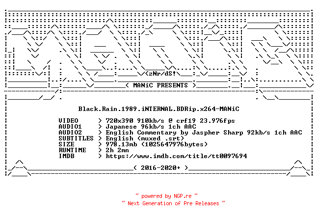 NFO for the release Black.Rain.1989.iNTERNAL.BDRip.x264-MANiC by MANiC