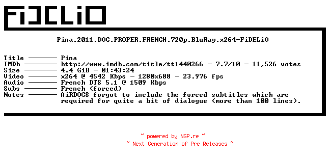 NFO for the release Pina.2011.DOC.PROPER.FRENCH.720p.BluRay.x264-FiDELiO by FiDELiO