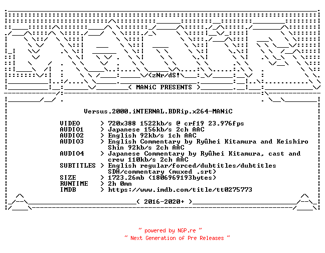 NFO for the release Versus.2000.iNTERNAL.BDRip.x264-MANiC by MANiC