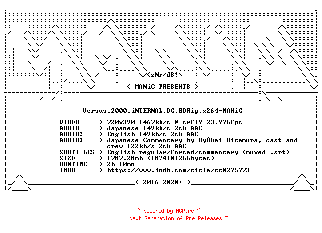 NFO for the release Versus.2000.iNTERNAL.DC.BDRip.x264-MANiC by MANiC