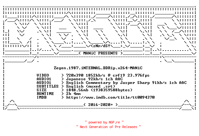 NFO for the release Zegen.1987.iNTERNAL.BDRip.x264-MANiC by MANiC