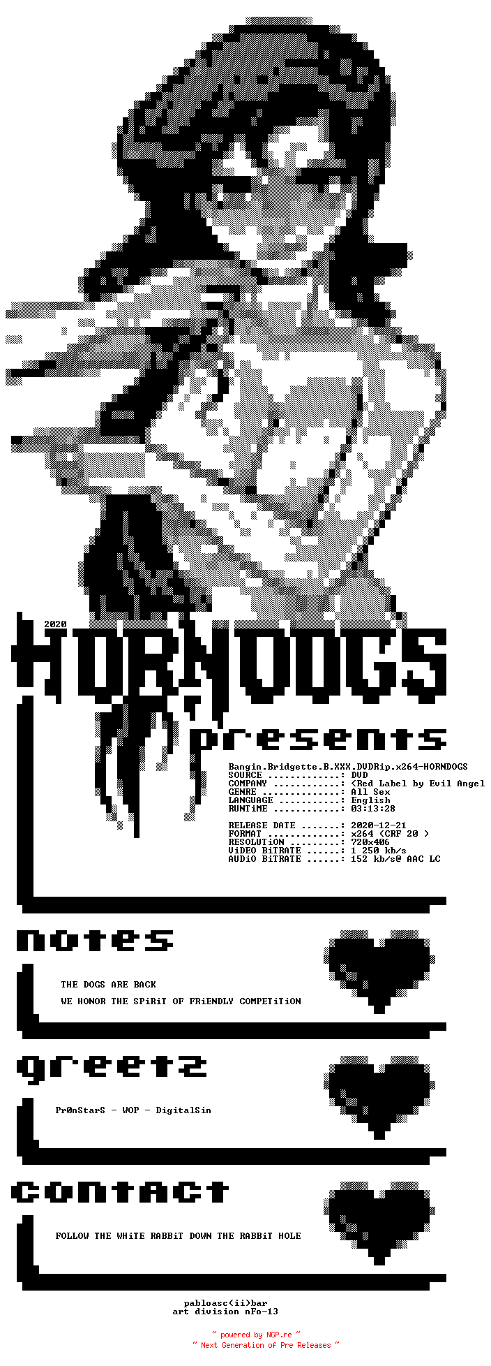 NFO for the release Bangin.Bridgette.B.XXX.DVDRip.x264-HORNDOGS by HORNDOGS