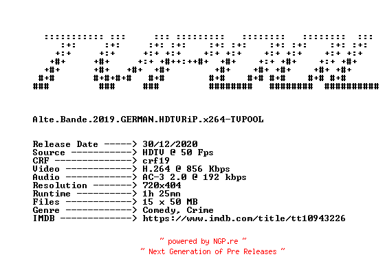 NFO for the release Alte.Bande.2019.GERMAN.HDTVRiP.x264-TVPOOL by TVPOOL