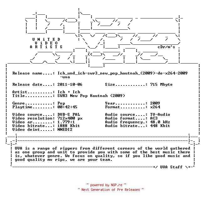 NFO for the release Ich_und_ich-swr3_new_pop_hautnah_(2009)-de-x264-2009-uva by uva