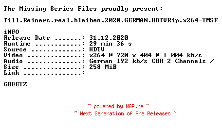 NFO for the release Till.Reiners.real.bleiben.2020.GERMAN.HDTVRip.x264-TMSF by TMSF