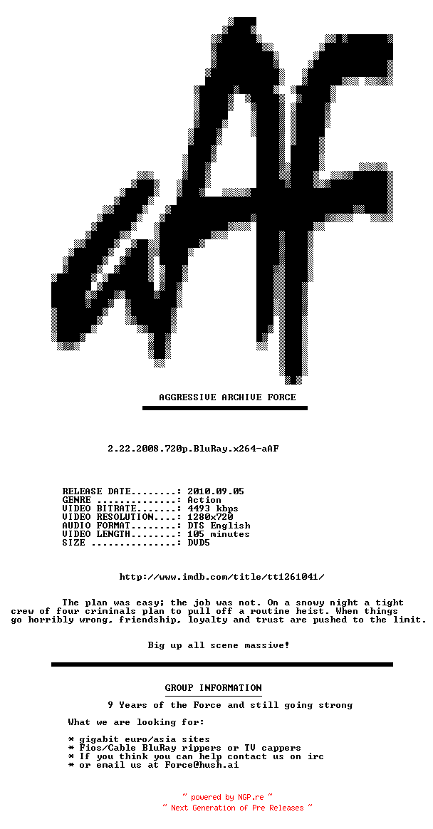 NFO for the release 2.22.2008.720p.BluRay.x264-aAF by aAF
