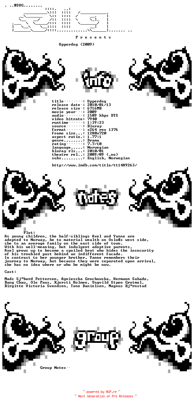 NFO for the release Upperdog.2009.NORWEGIAN.720p.BluRay.x264-SUG by SUG