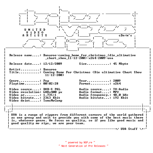 NFO for the release Banaroo-coming_home_for_christmas_(die_ultimative_chart_show_11-12-2009)-x264-2009-uva by uva