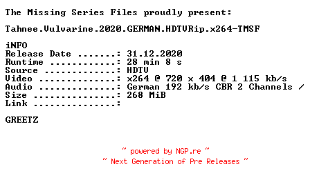 NFO for the release Tahnee.Vulvarine.2020.GERMAN.HDTVRip.x264-TMSF by TMSF