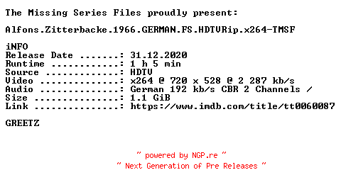 NFO for the release Alfons.Zitterbacke.1966.GERMAN.FS.HDTVRip.x264-TMSF by TMSF