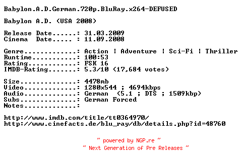 NFO for the release Babylon.A.D.German.720p.BluRay.x264-DEFUSED by DEFUSED