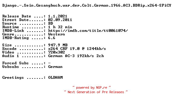 NFO for the release Django.-.Sein.Gesangbuch.war.der.Colt.German.1966.AC3.BDRip.x264-SPiCY by SPiCY