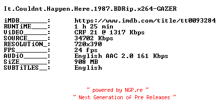 NFO for the release It.Couldnt.Happen.Here.1987.BDRip.x264-GAZER by GAZER