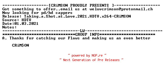 NFO for the release Taking.a.Shot.at.Love.2021.HDTV.x264-CRiMSON by CRiMSON