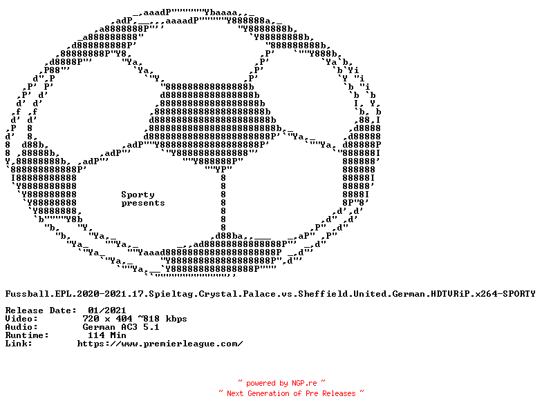 NFO for the release Fussball.EPL.2020-2021.17.Spieltag.Crystal.Palace.vs.Sheffield.United.German.HDTVRiP.x264-SPORTY by SPORTY