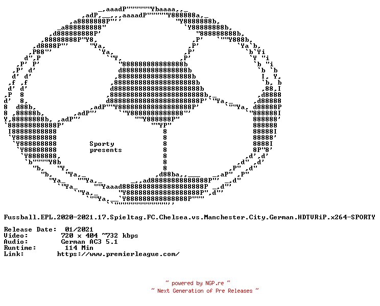 NFO for the release Fussball.EPL.2020-2021.17.Spieltag.FC.Chelsea.vs.Manchester.City.German.HDTVRiP.x264-SPORTY by SPORTY