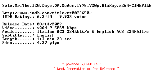 NFO for the release Salo.Or.The.120.Days.Of.Sodom.1975.720p.BluRay.x264-CiNEFiLE by CiNEFiLE