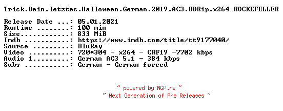 NFO for the release Trick.Dein.letztes.Halloween.German.2019.AC3.BDRip.x264-ROCKEFELLER by ROCKEFELLER