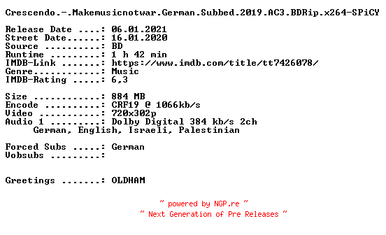 NFO for the release Crescendo.-.Makemusicnotwar.German.Subbed.2019.AC3.BDRip.x264-SPiCY by SPiCY