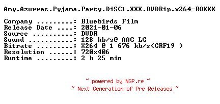 NFO for the release Amy.Azurras.Pyjama.Party.DiSC1.XXX.DVDRip.x264-ROXXX by ROXXX