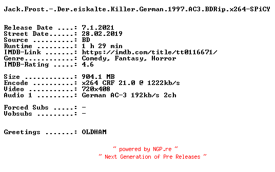NFO for the release Jack.Frost.-.Der.eiskalte.Killer.German.1997.AC3.BDRip.x264-SPiCY by SPiCY