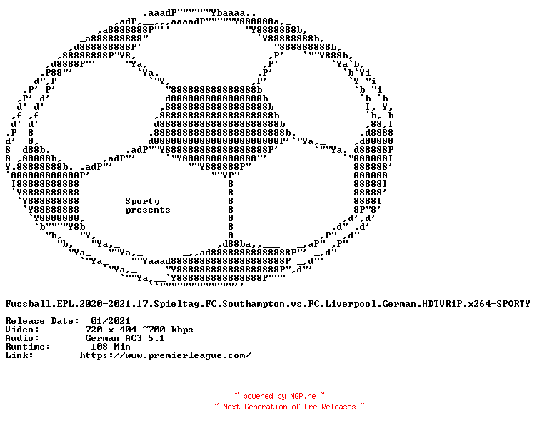 NFO for the release Fussball.EPL.2020-2021.17.Spieltag.FC.Southampton.vs.FC.Liverpool.German.HDTVRiP.x264-SPORTY by SPORTY