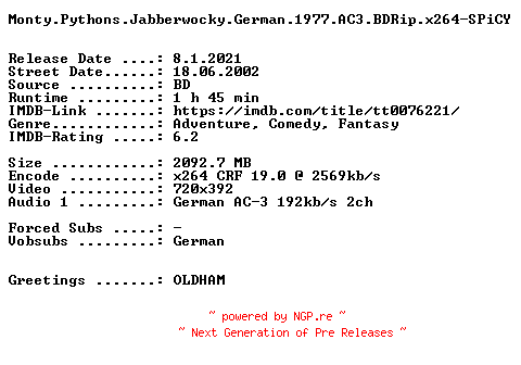 NFO for the release Monty.Pythons.Jabberwocky.German.1977.AC3.BDRip.x264-SPiCY by SPiCY