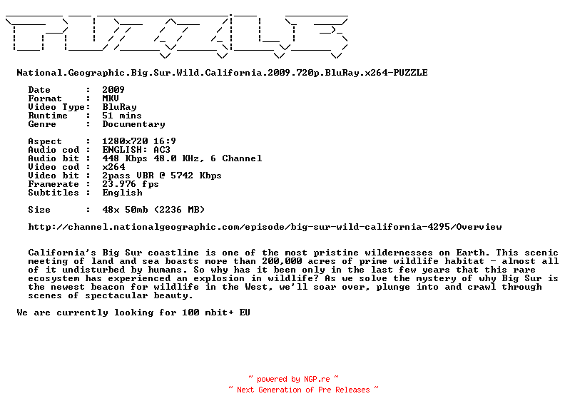 NFO for the release National.Geographic.Big.Sur.Wild.California.2009.720p.BluRay.x264-PUZZLE by PUZZLE