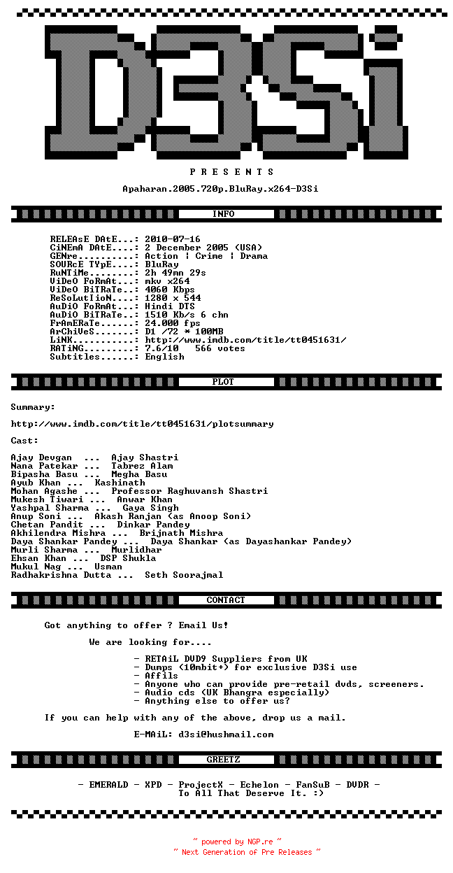 NFO for the release Apaharan.2005.720p.BluRay.x264-D3Si by D3Si