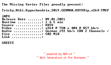NFO for the release Tricky.Niki.Hypochondria.2019.GERMAN.HDTVRip.x264-TMSF by TMSF