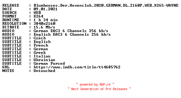 NFO for the release Blumhouses.Der.Hexenclub.2020.GERMAN.DL.2160P.WEB.X265-WAYNE by WAYNE