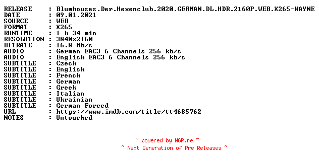 NFO for the release Blumhouses.Der.Hexenclub.2020.GERMAN.DL.HDR.2160P.WEB.X265-WAYNE by WAYNE