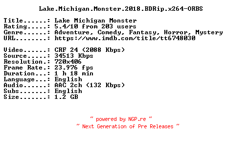 NFO for the release Lake.Michigan.Monster.2018.BDRip.x264-ORBS by ORBS