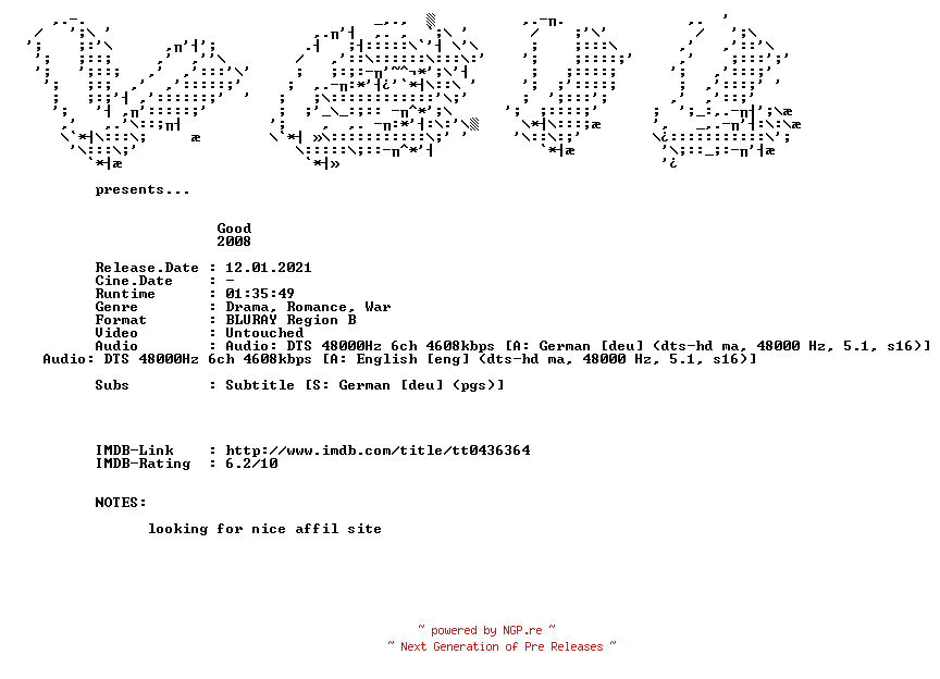 NFO for the release Good.2008.DUAL.COMPLETE.BLURAY.iNTERNAL-VEiL by VEiL