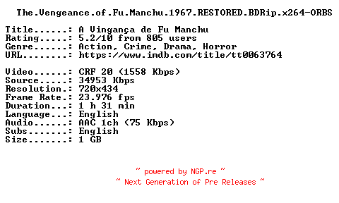 NFO for the release The.Vengeance.of.Fu.Manchu.1967.RESTORED.BDRip.x264-ORBS by ORBS